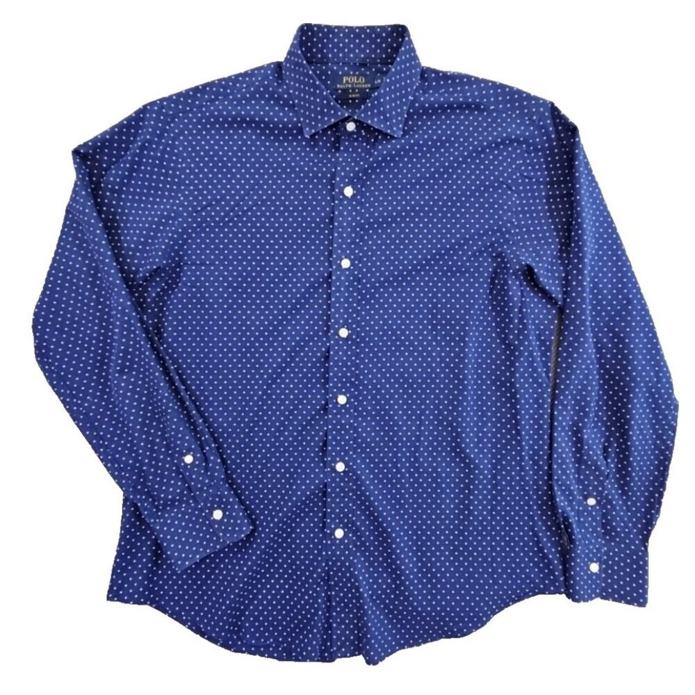 Polo Ralph Lauren Shirt Men's Large Navy Blue Slim Fit Polka Dot LS BD EUC LN